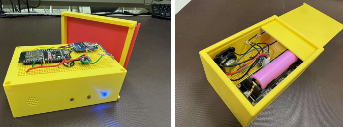 Left: interior of the WASM device revealing the 3D-printed enclosure with ESP32 and wiring; Right: exterior shot of the assembled 3D-printed case with touch sensor and LEDs.